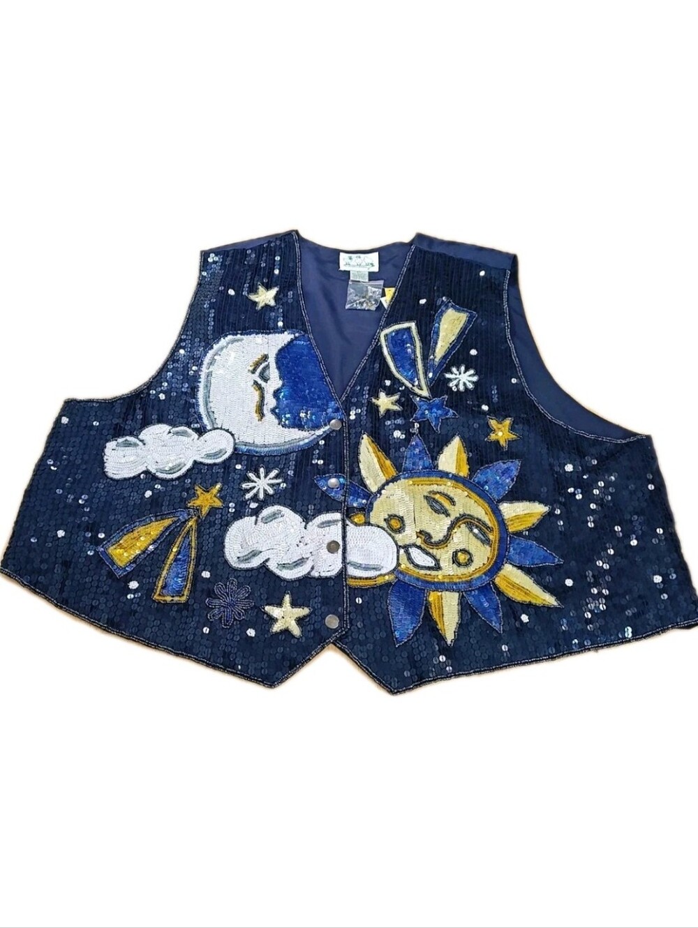 The Quacker Factory Celestial Sequined Snap Vest Satin Navy Sun Stars 3X Nwt